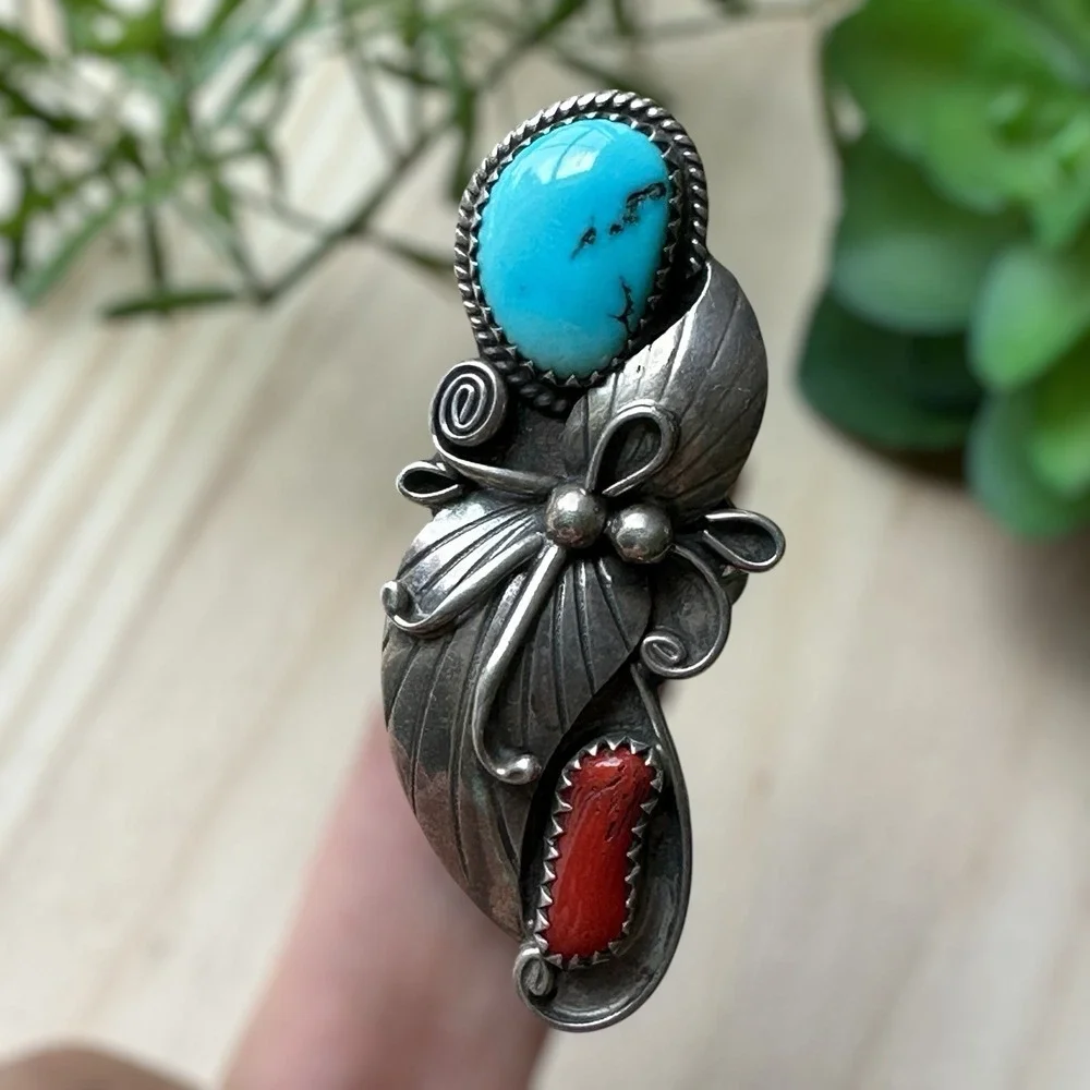 VTG‎ Navajo Ring Size 6.75 Turquoise Coral Floral Leaves Sterling Signed C 8.9g